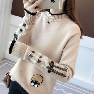 Mock-turtleneck Cartoon Embroidered Sweater