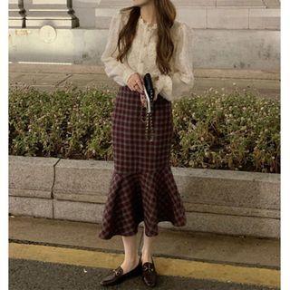 Long-sleeve Lace Blouse / Plaid Midi Mermaid Skirt / Set