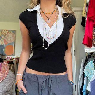 Mock Two-piece V-neck Short Sleeve Top