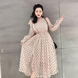 Set: Polka Dot Long-sleeve A-line Mesh Dress + Slipdress Almond - One Size