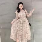 Set: Polka Dot Long-sleeve A-line Mesh Dress + Slipdress Almond - One Size