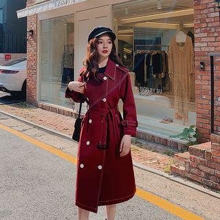 Double-breasted Long-sleeve Bow-accent Coat