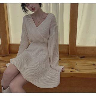 Long-sleeve V-neck A-line Dress Almond - One Size