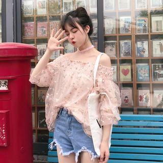 Off-shoulder Elbow-sleeve Floral Embroidered Top
