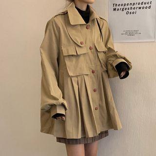 Double-pocket Smocked Cargo Coat Khaki - One Size