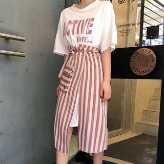 Set: Lettering Short-sleeve T-shirt Dress + Striped Midi Skirt