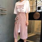 Set: Lettering Short-sleeve T-shirt Dress + Striped Midi Skirt