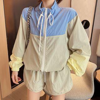 Set: Color Block Zip-up Jacket + Shorts