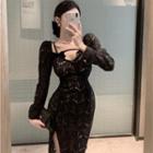 Long-sleeve Bow-accent Lace Midi Sheath Dress