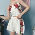 Set: Flower Embroidered Cropped Camisole Top + Shorts