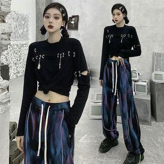 Tie-dyed Wide Leg Pants / Long-sleeve Cut-out Crop Top / Set