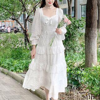 Long-sleeve Tiered Lace Midi A-line Dress