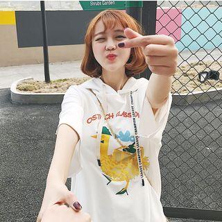 Printed 3/4-sleeve Hooded Long T-shirt