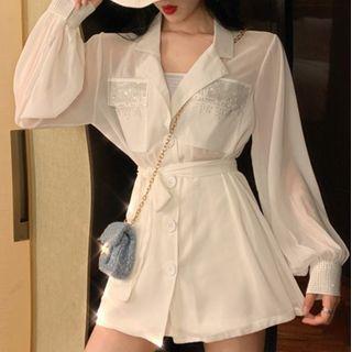 Set: Chiffon Long-sleeve Shirt + Shorts