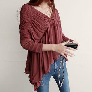 V-neck Shirred Ruffled Empire Top