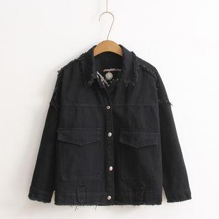Embroidery Back Fray Trim Denim Jacket