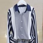 Striped Panel Chiffon Long-sleeve Shirt