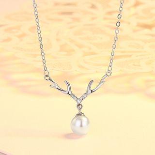 925 Sterling Silver Deer Horn Faux Pearl Pendant Necklace
