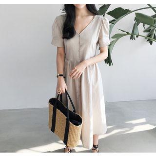 Puff-sleeve Buttoned Linen Long Dress