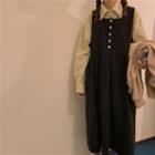 Long-sleeve Plain Shirt / Midi A-line Overall Dress