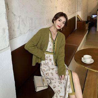 Set: Plain Cardigan + Camisole + Print V-neck Dress