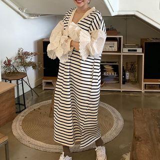 Long-sleeve Striped Midi Dress Stripes - White & Dark Blue - One Size