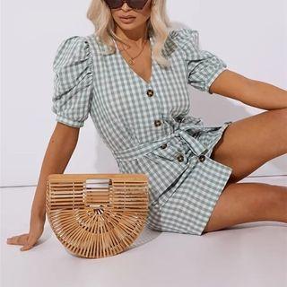Short-sleeve Gingham Button Mini Sheath Dress