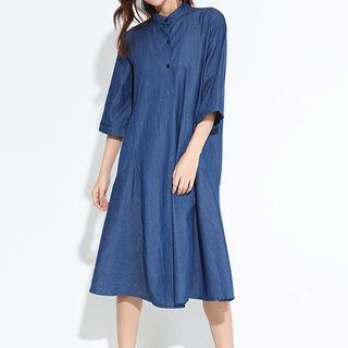 Band Collar 3/4 Sleeve Denim Dress
