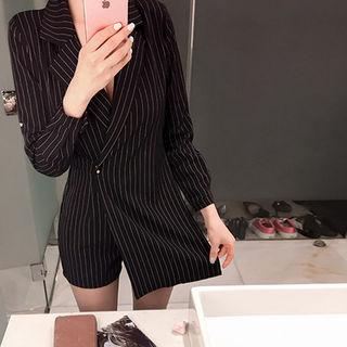 Notched Lapel Pinstriped Playsuit With Belt