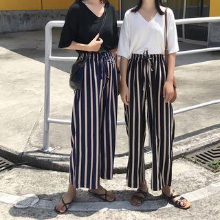 Striped High-waist Cropped Wide-leg Pants