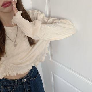 Long-sleeve Frill Trim Cropped T-shirt Almond - One Size