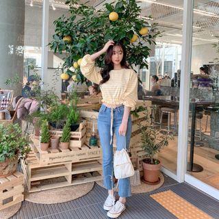 Drawstring-hem Stripe Top