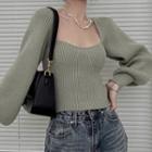Puff-sleeve Square-neck Plain Cropped Knit Top