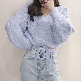 V-neck Tie-strap Cropped Sweater