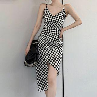 Spaghetti Strap Checkerboard Sheath Dress