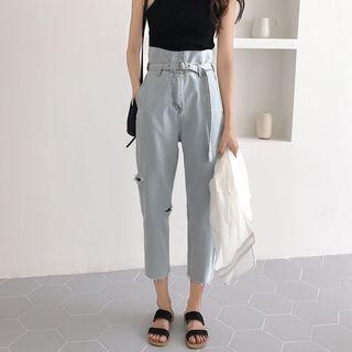 Distressed High-waist Cropped Harem Jeans