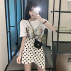 Mock Two-piece Sequined Short-sleeve T-shirt / Dotted Mini A-line Skirt