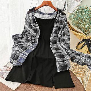 Set: Plaid Shirt + Spaghetti-strap A-line Dress Shirt & Strap Dress - Black - One Size