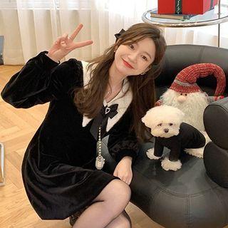 Long-sleeve Collared Bow Mini A-line Velvet Dress