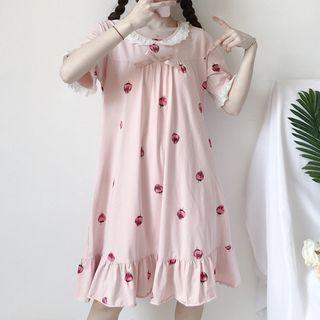 Elbow-sleeve Strawberry Print Sleep Dress