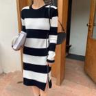 Zip-up Striped Sweater Dress Stripes - Black & White - One Size