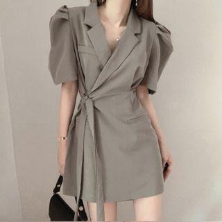 Plain Lapel Tie-waist Puff Short Sleeve Dress