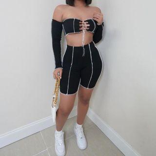 Set: Long-sleeve Off-shoulder Top + High-waist Shorts