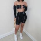 Set: Long-sleeve Off-shoulder Top + High-waist Shorts