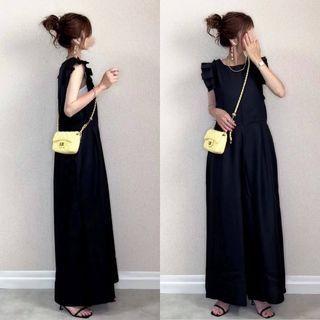 Sleeveless Ruffle Trim Jumper Pants Black - One Size