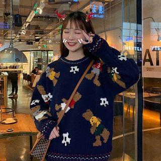 Bear Print Sweater Blue - One Size
