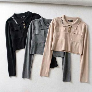 Front Pocket Lettering Cropped Knit Top