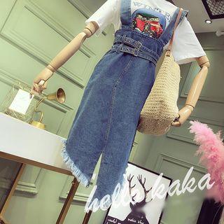 Set: Printed Short Sleeve T-shirt + Fray Hem Suspender Denim Skirt