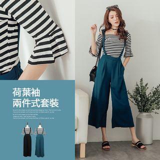 Set: Off-shoulder Striped Top + Suspender Pants