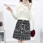 Set: Long-sleeve Bow-accent Plain Faux Furry Sweater + High-waist Double Pocket Tweed Skirt